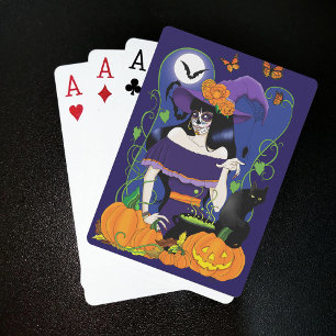 Elegante Halloween-Hexe Zuckerschädel Lila Spielkarten