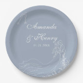 Elegante Hand Drawn Couple Dusty Blue Wedding Pappteller (Vorderseite)