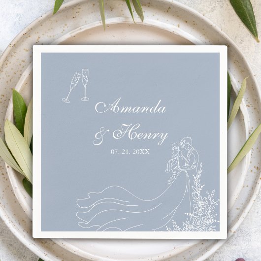 Elegante Hand Drawn Couple Dusty Blue Wedding Serviette