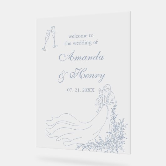 Elegante Hand Drawn Dusty Blue Wedding Willkommen Acrylschild (Winkel)