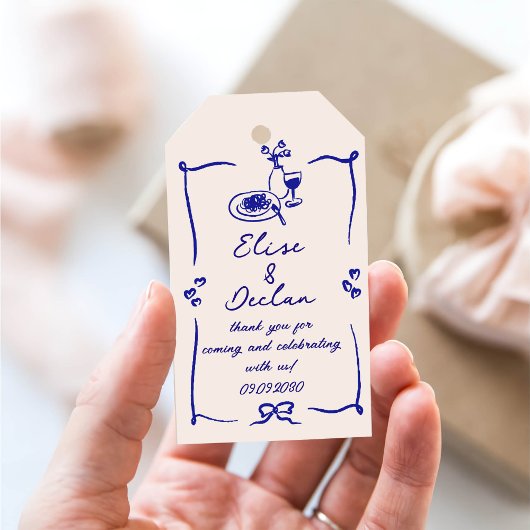 Elegante Hand Drawn Retro Blue Wedding Geschenkanhänger