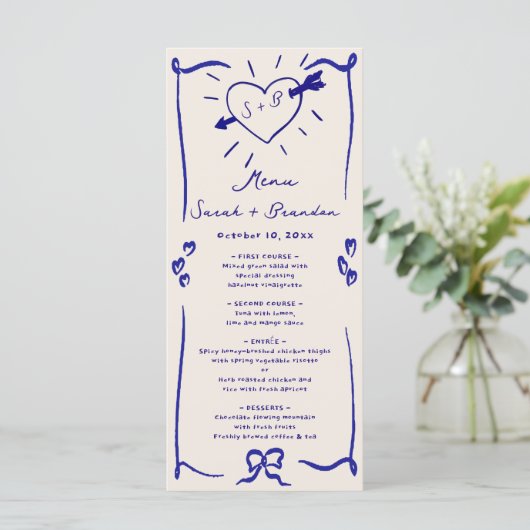Elegante Hand Drawn Retro Blue Wedding Menükarte (Stehend Vorderseite)