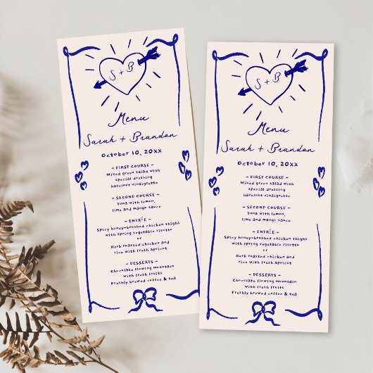 Elegante Hand Drawn Retro Blue Wedding Menükarte