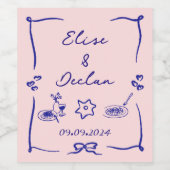 Elegante Hand Drawn Retro Blue Wedding Weinetikett (Einzelnes Label)