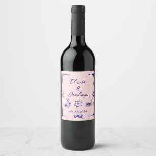 Elegante Hand Drawn Retro Blue Wedding Weinetikett