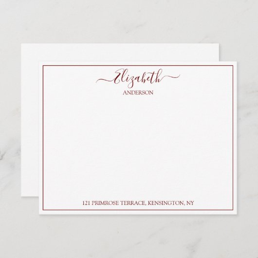Elegante Hand Lettered Burgundy Name Address Note Mitteilungskarte (Vorne/Hinten)