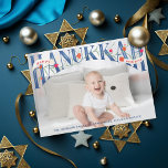 Elegante Hand Lettered Happy Hanukkah Foto Card Dankeskarte<br><div class="desc">Elegante handgezeichnete Serife "hanukkah" mit Granatapfelaten und Blume mit "Happy" und "mit Liebe" in Bändern. Original Grafik von Becky Nimoy. Foto mit Höflichkeit</div>