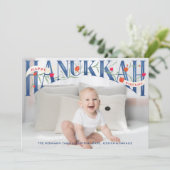 Elegante Hand Lettered Happy Hanukkah Foto Card Dankeskarte (Stehend Vorderseite)