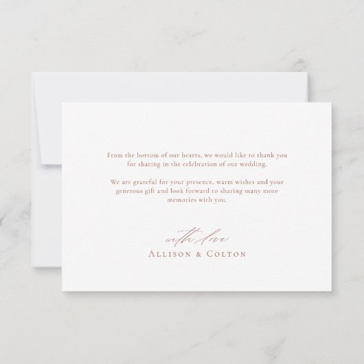 Elegante handgearbeitete Terrakotta Hochzeit Dankeskarte (Rückseite)