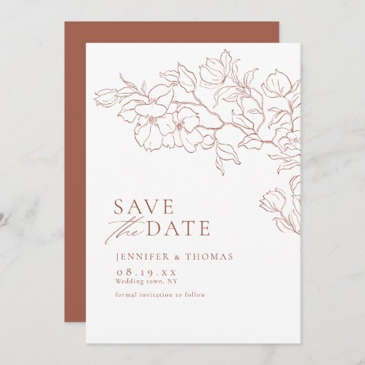 Elegante handgearbeitete Terrakotta Hochzeit Save The Date (Vorne/Hinten)