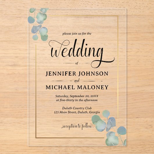 Elegante, handgemalte Eukalyptus-Hochzeit Acryleinladungen (Vorderseite)