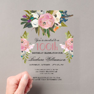 Elegante handgemalte florale 100. Geburtstagsfeier Acryleinladungen