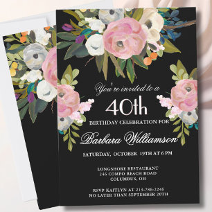 *Elegante handgemalte florale 40. Geburtstagsfeier Einladung
