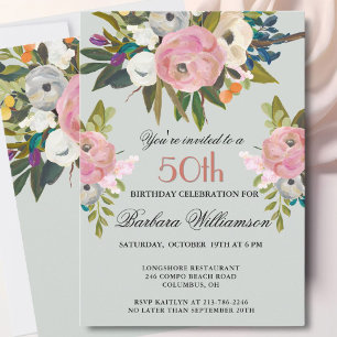 Elegante handgemalte florale 50. Geburtstagsfeier  Einladung