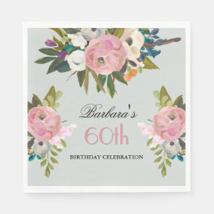 Elegante handgemalte florale 60. Geburtstagsfeier Serviette