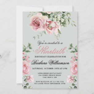 Elegante handgemalte Rose 90. Geburtstagsparty Einladung