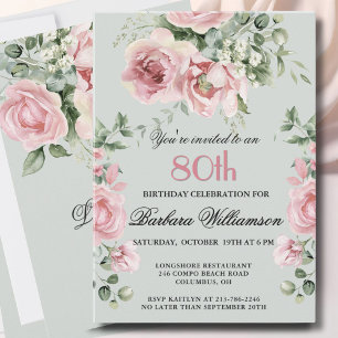 **Elegante handgemalte Rosen 80. Geburtstagsfeier Einladung