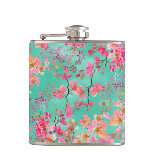 Elegante handgemalte Wasserfarbe Frühlingsblumen Flachmann