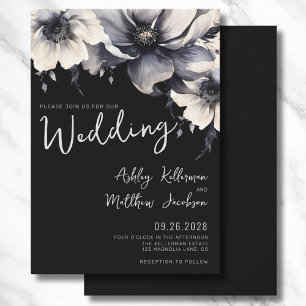 Elegante handgeschriebene Boho Floral Black Weddin Einladung