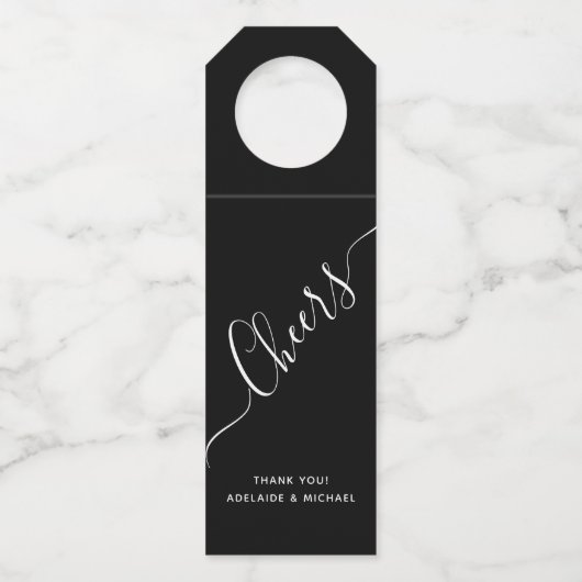 Elegante handgeschriebene Skript-Schwarz-weiß-Chee Flaschenanhänger (Vorderseite)