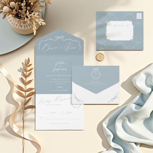 Elegante handgezeichnete Bow & Ribbon Monogram Hoc All In One Einladung