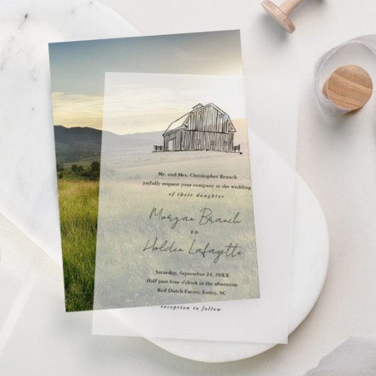 Elegante handgezeichnete Hochzeit von Stallhütten Pergament Einladungen