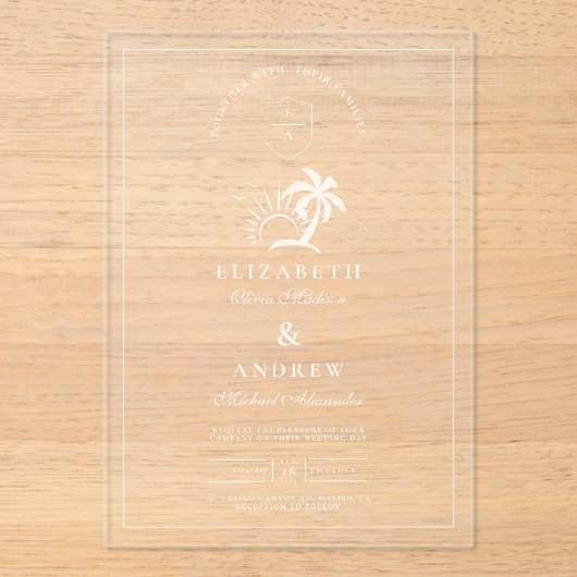Elegante handgezeichnete Palmenbaumhochzeit Acryleinladungen (Vorderseite)