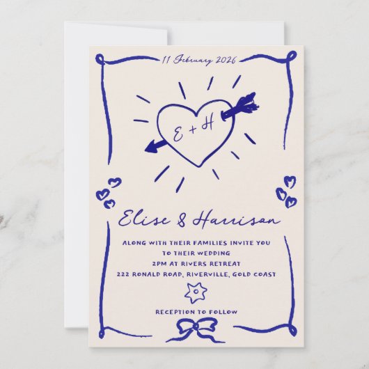 Elegante handgezeichnete Retro Blue Wedding Einlad Einladung (Vorderseite)