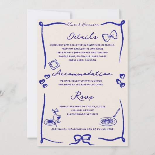 Elegante handgezeichnete Retro Blue Wedding Einlad Einladung (Rückseite)