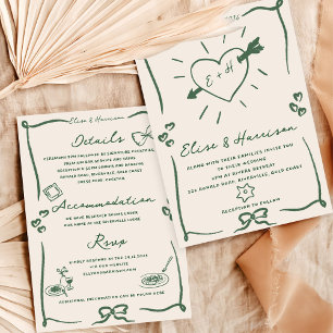 Elegante handgezeichnete Retro Grüne Hochzeit Einl Einladung