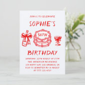 Elegante handgezeichnete rote Torte 30. Geburtstag Einladung (Stehend Vorderseite)