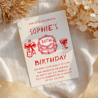 Elegante handgezeichnete rote Torte 30. Geburtstag Einladung