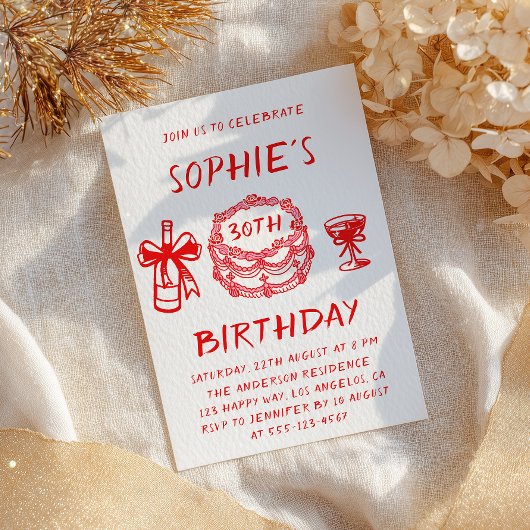 Elegante handgezeichnete rote Torte 30. Geburtstag Einladung
