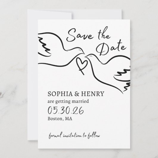 Elegante handgezogene Doves Minimalistische Hochze Save The Date (Vorderseite)