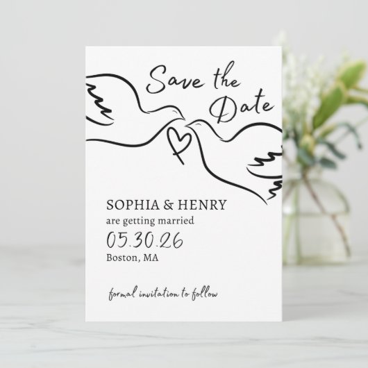 Elegante handgezogene Doves Minimalistische Hochze Save The Date (Stehend Vorderseite)