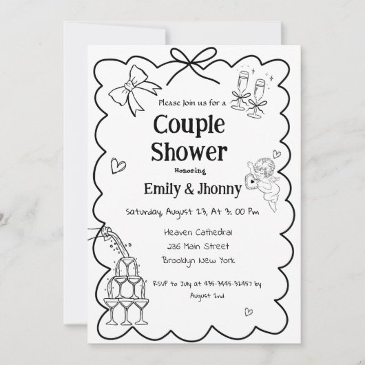 Elegante Handgezogene Dusche Einladung (Vorderseite)