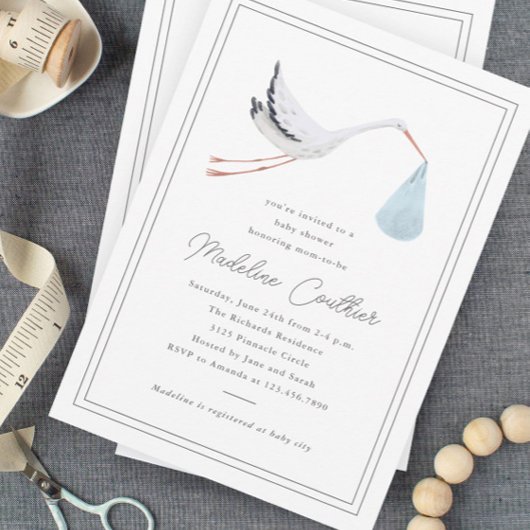 Elegante, handgezogene Stork Boys Babydusche Einladung