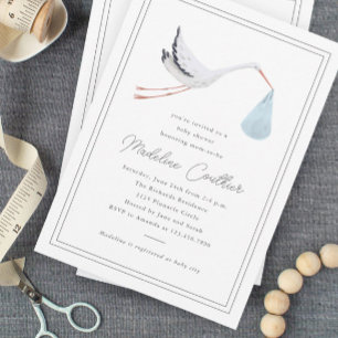 Elegante, handgezogene Stork Boys Babydusche Magneteinladung