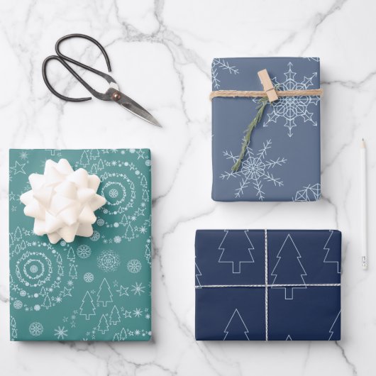 Elegante handrawn Chrismas Muster Aquamarin Blue N Geschenkpapier Set (Vorderseite)