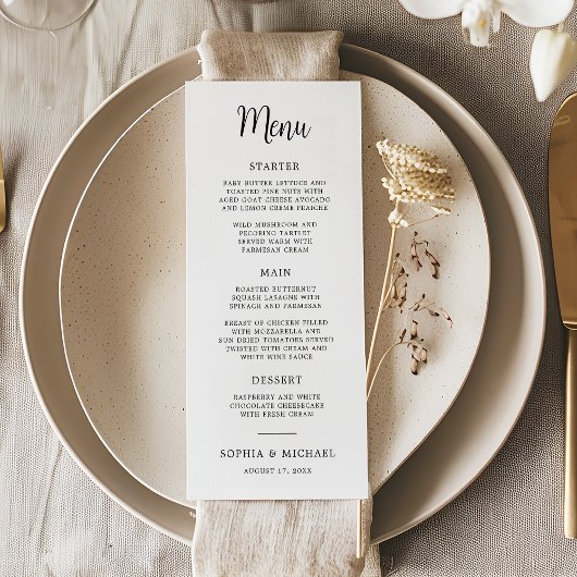 Elegante Handschrift Schwarz-weiße Hochzeit Menükarte