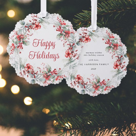 Elegante Happy Holidays Wreath Ornament Karte