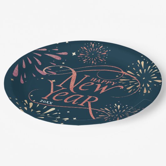 Elegante Happy New Year Gold Foil Pappteller (Schrägansicht)