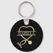 Elegante Heart Stethoscope Black Gold Name Schlüsselanhänger (Rückseite)
