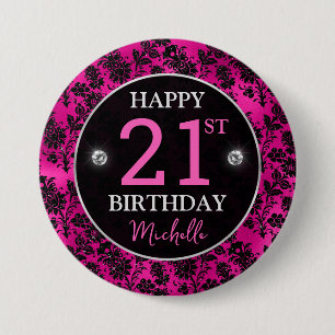 Elegante heiße pinke und schwarze Glitter-Blumen-G Button