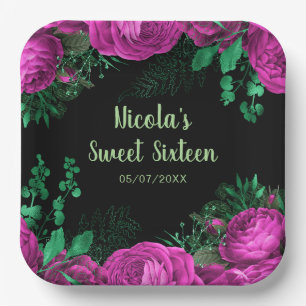Elegante heiße rosa Blumen Sweet Sixteen Pappteller