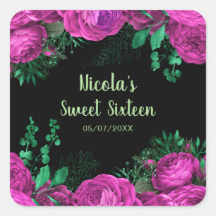 Elegante heiße rosa Blumen Sweet Sixteen Quadratischer Aufkleber