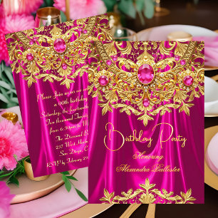 Elegante heiße rosa Edelsteine Goldspitze Damast G Einladung