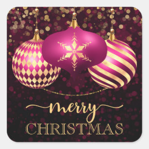 Elegante heiße rosa und goldene Christbaumkugeln F Quadratischer Aufkleber