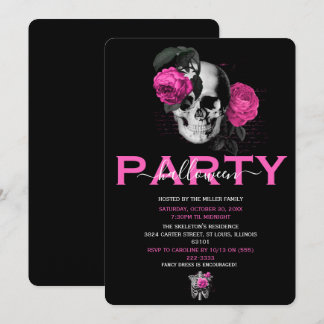 Elegante heißrosa florale Schädel-Halloween-Party Einladung