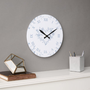 Elegante hellblaue florale Toile de Jouy Wand Große Wanduhr